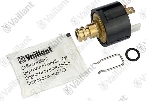 Vaillant Drucksensor mit Anschluss und O-Ring, präsentiert auf einem weißen Hintergrund, neben einer Verpackung mit Anweisungen zur O-Ring Pflege.